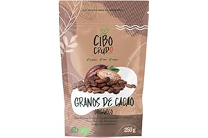 CIBO CRUDO CRUDO BIOLOGICO VEGAN Granos de Cacao Crudo Orgánico - 250g. Cacao Puro de Guatemala. Grano o Nibs 100% Puro y Natural de la Planta Theobroma. Sabor Intenso Aromático y Amargo.