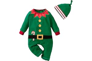LIKPOJA Newborn Baby First Christmas Elf Outfit One-Pieces Baby Christmas Dress Up Santa Costume with Elf Hat for Toddler Baby Girls and Baby Boys