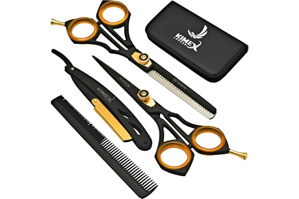 KIMEX LONDON Ensemble de ciseaux de coiffure professionnels en acier inoxydable, ensemble complet de ciseaux + ciseaux à effiler + peignes à cheveux + étui en cuir