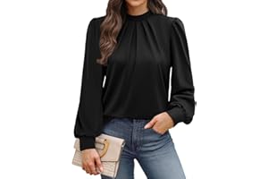 WIHOLL Blouses for Women Long Sleeve Tops Mock Neck Pleated Shirts Ladies Tops Business Loose Fit