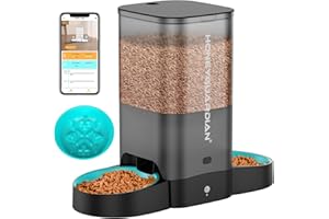 HoneyGuaridan Comedero Gato Automatico, 5L Dispensador Comida para Perro/Gato con Dos Cuencos, 2.4G WiFi con Control de App, Temporizador y grabador de voz 10s, hasta 6 comidas al día (Comedero Lento)