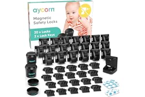 AYCORN Verrous Magnétiques de Sécurité pour Enfants [20 Verrous & 2 Clés] - Sécurisation Bébé & Enfant pour Cuisine, Armoires & Tiroirs - Installation en 30 Secondes - Noir