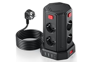 KEMELO Torre Regletas Enchufes con Cable 3M, Regleta USB 8 Tomas de AC Corrientes y 4 USB, 2500W/10A, Regreltas Vertical con Interruptor para Mesa, Oficia, Casa…