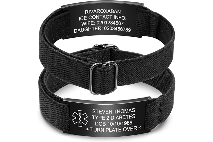 Personalised Medical Alert Bracelet for Men - Customised Elastic Strap Stainless Steel Bracelets Engraved Medic Info, Emergency Awareness Medic ID Bracelet for Autism Allergy Diabetic Epilepsy