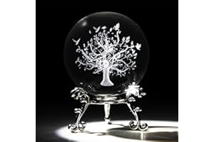 VSKIKRIS 60 mm Baum des Lebens Kristallkugel mit Ständer 3D Lasergravur Lebensbaum Figur Kristall Briefbeschwerer Dekorativ Quarz Glas Kugel Home Decor Tisch Handwerk