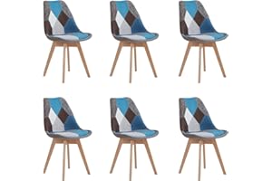 BenyLed Pack 6 Sillas de Comedor con Diseño de Patchwork con Asiento Tapizado y Patas de Madera, Respaldo Ergonómico (Azul, 6)