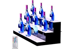 Cityjoy LED Lighted Liquor Bottle Display Rack, 4 Tiers 23.6" USB Illuminated Bottle Shelf, Home Bar Drinks Acrylic Lighting Shelves 24 Bottles with RF Remote 9 Static Colors
