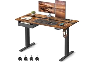 VASAGLE Escritorio Regulable en Altura, Mesa Regulable, Enchufe y Cajón, 60 x 120 cm de Encimera, Ajuste Continuo, 4 Funciones de Memoria de Altura, Marrón Rústico y Negro LSD112X01