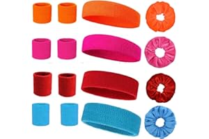 SELOXMCS 12 Teiliges Neon Schweißband Set und 4 Fluoreszierende Farbe Haargummis, 80er Jahre Schweißband Handgelenk/Stirn Schweissband Retro Party Accessoires für Damen Herren 4 Farben Pink Rot Blu Orange