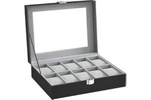 SONGMICS Watch Box with 10 Slots, Watch Case with Glass Lid, Watch Display Box with Removable Watch Pillows, Metal Clasp, Gift Idea, Black Synthetic Leather, Greenish Grey Lining JWB010BK