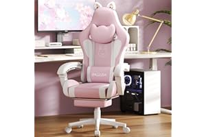 Racingreat Gaming Chair with Cat Ears for Girls Adults, Height Adjustable Reclining Computer Game Chair Comfortable with Headrest and Massage Lumbar Support (Pink/White)
