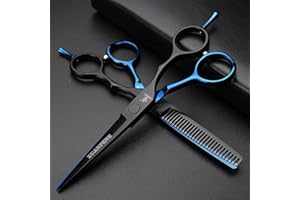 XUANFENG Juego de tijeras de peluquería azules para adelgazar el cabello y tijeras para el cabello, tijeras afiladas de peluquería de 5.5 pulgadas con funda de cuero