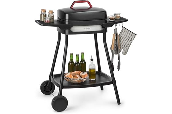 Klarstein Gatsby Gril électrique sur pied Gril de table : 2000 W, EasyGrill Concept, surface de gril: 40 x 36 cm/aluminium moulé sous pression/antiadhésif/couvercle, deux tables d'appoint, noir