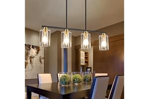 Mecgirn Island Light for Kitchen, 4-Light Dining Room Light Fixture with Clear Glass Shade, Black and Gold Linear Chandelier Pendant Lighting Over Table for Dining Table Kitchen Island Living Room