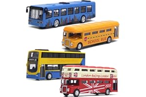 OTONOPI Bus Toy Set Double Decker London Vehicles City Sightseeing Tour School Bus Die Cast Metal Pull Back Toy Cars Friction Powered Gift for Kids Pack of 4