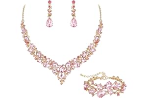Ever Faith Wedding Bridal Jewellery Sets for Women, Sparkly Rhinestone Crystal Floral Teardrop Cluster Statement Necklace Dangle Drop Earrings Bracelet Set 3 Pcs Costume Jewelry for Prom Cocktail