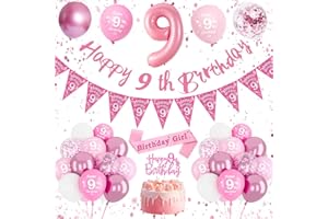 DJLLA 9th Birthday Decorations for Girls - Pink Balloons, Happy Birthday Banner, Number 9 Balloon, Sash, Cake Topper for 9 Years Old Party Supplies