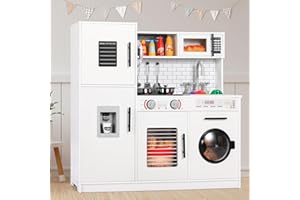 MAMIZO Play Kitchen for Kids, Wooden Chef Pretend Toy Kitchen w/Washing Machine, Water Dispenser, Stove, Real Sound & Light, Telephone, Range Hood, Oven, Sink for Toddler Preschooler Age 3+ (White)