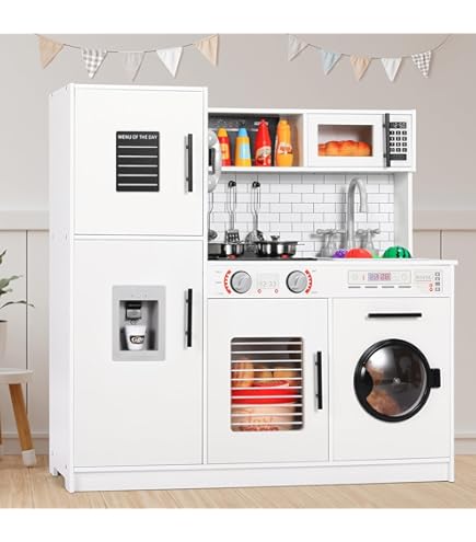 COSTWAY Kinderkeuken met 27 accessoires, houten speelkeuken met klok, magnetron, gootsteen, ijs- en koffiezetapparaat, serviesstandaard en wasmachine, speelgoedkeuken voor kinderen vanaf 2 jaar