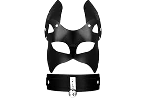 FLONGO Flonge Fox Leather Mask Set: Fox Masquerade Mask and Wide Collar Choker with Bell Halloween Cosplay Costume Accessory for Women
