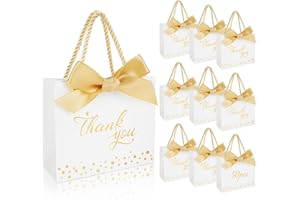 50 Pièces Thank You Sac Cadeau Sachet Créative en Papier avec Poignées, SHAIDOJIO Blanc Thank You Petit Pochette Cadeau pour Bonbons, Noeud Or Thank You Sacs Cadeaux pour Anniversaire Mariage Baptême