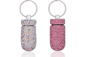 GOUWEIBA 2 Pezzi Portapillole Portachiavi, Contenitore per Pillole Impermeabile, Mini Portapillole Portatile con Portachiavi, Bottiglia per Medicina con Strass per Viaggi (Rosa + Argento)