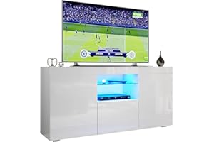 ELEGANT 1350mm Modern Tall TV Cabinet with RGB LED Lights White Gloss TV Unit for up to 55" TV with Ambient Light for Living Room Furniture, Power Adapter included