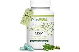 PlusVive MSM Tabletten hochdosiert I 1x 365 Tabletten I 2000mg MSM Kapseln mit Papain & Spirulina I Vorrat für 6 Monate I Nahrungsergänzungsmittel mit 99,8% Reinheit I vegan & laborgeprüft