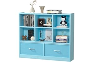 Huhote Wooden Bookcase, 8 Cube Storage Unit, 4 Tier Bookcases with 2 Movable Drawers, Book Shelf with 8 Cubes, Standing Display Shelf for Living Room, Bedroom, Office, 113 x 24 x 93 cm, Blue