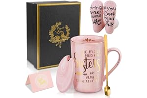 BICHING Sisters Gifts from Sister Happy Birthday Present Coffee Mugs Espresso Cup - 14oz Personalised Best Sister Gold Print Ceramic Mug Tea Cup for Her Women, with Funny Socks Spoon Greeting Card, Gift Box