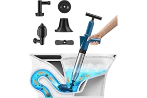 FOLANDA Toilet Plunger, High Pressure Air Drain Blaster Kit, Powerful Manual Pneumatic Dredge Equipment with 4 Replaceable Heads & Visual Barometer, Drain Unblocker for Sink/Bathtub/Floor Drain/Clogged Pipe