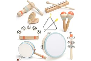VEUWOLM Musical Instruments for Children, Children's Toy from 3 Years, Montessori Toy, Wooden Toy Baby Drum Kit, Children's Drum, Percussion Instruments Set, Gift Ideas for Boys Girls 3+ (10 in 1)