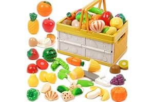 Hanmulee Play Food Sets for Children Kitchen, 53PCS Toy Food Sets Fruits and Vegetables Cutting Toys, Toy Kitchen Accessories with Foldable Picnic Basket, Role Play Toys for 3 4 5 Years Old Boys Girls