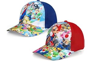 Xingsky Casquette de Baseball Enfants, Ma-Rio Cap 2 Pièces Casquette Super Mari-o Ajustable Velcro Enfants pour Garçons Filles, 3-7 Ans Sports Scolaires Protection Solaire Rouge + Bleu