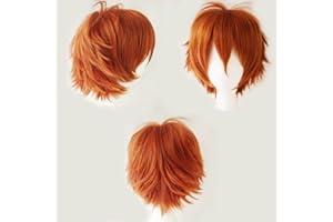 ‎CYBELLEZA Anime Wig Orange Short Cosplay Wigs Halloween Women Men Synthetic Straight Fancy Dress Wig Wavy Straight Wig Carnival Costume Party Wig with Free Hat for Women Men