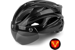 Shinmax Kask rowerowy dla mężczyzn i kobiet, kask rowerowy z wizjerem, zdejmowane okulary ochronne, kask MTB z tylnym światłem LED, ochrona bezpieczeństwa dla dorosłych, regulowany 56-62 cm