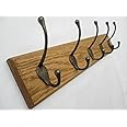 A Vintage Style Chunky Solid Wooden Coat Rack 5 Cast Iron Hooks