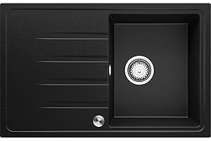 Fregadero Cocina 78 x 50 cm, Fregadero Granito Un Seno + Sifón Pop-Up, Fregadero Empotrado con Escurridor Milán de Primagran, Negro