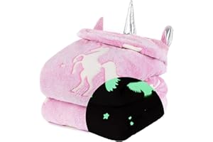 WICKED GIZMOS WG Wicked Gizmos Glow in the Dark Fluffy Throw Over Blanket with Hood in Soft and Plush Faux-Fur Microfibre Fleece Finish for Bed, Sofa or Couch (Pink Unicorn)