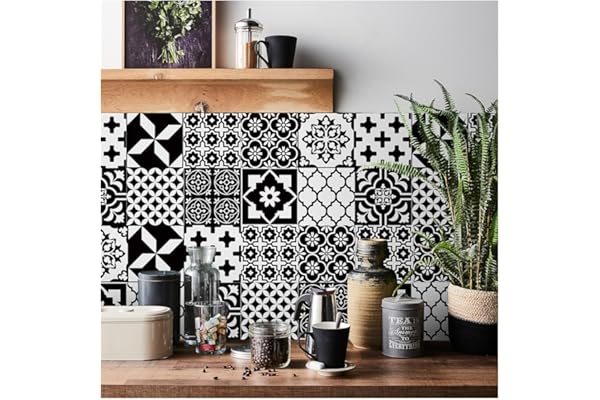24 autocollants de 10 × 10 cm pour carrelage pour cuisine et salle de bain, noir et blanc, écailles de poisson, autocollants de carrelage 3D, imperméables, résistants à l’huile, autocollants muraux