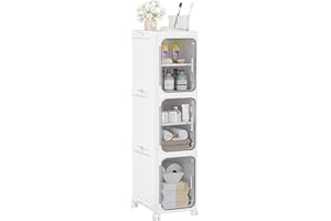 HOMIDEC Bathroom Storage, 3 Tier Narrow Bathroom Cabinet with Wheels and Removable Shelf, Slim Bathroom Storage Unit Free Standing for Toilet Roll, Towel, Shower, Clear Smoke