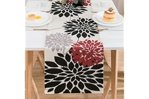 COZYFOUNDER Tischdecken Schwarz Rot Tischläufer Modern Geometrisch Dahlien Muster Tischdecke Retro-Naturstil Tischläufer Leinen für Party Hochzeitsempfang Restaurant Dekoration Tischläufer Weihnachten 40x140cm