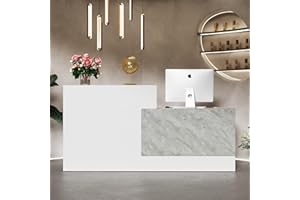 PREMTURE Große Empfangstheke, Empfangstresen, Bürotheke, Rezeptionstisch, Empfangstheke mit 4 offenen Ablagefächern, Empfangstheken, Empfangstheke mit Sichtschutz, Weiß + Steinmuster, 220 x 60 x 110 cm