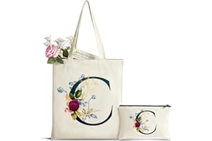 HAMATATA Cadeau Femme Sac Fourre-Tout avec Initiale Fleur, Personnalisés Sac en Toile en Coton Trousse de Maquillage, Cadeaux de Mariée, Cadeau Parfait pour Amie, Mères pour Anniversaire Mariage Voyage Noël C