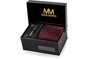 Massi Morino Krawatte mit Einstecktuch Set Herren inkl. Manschettenknöpfe, Krawattennadel und Geschenkbox - Männer Krawattenset zur Hochzeit