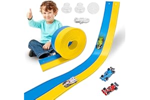PRTNEG Flexible Race Track Toys for Kids 15 Ft with 4 Cars & Suction Cups, Portable Double Lane Racetrack Compatible with Hot Wheels & 1/64 Diecast Cars, Fun Car Ramp Track Set (Yellow+Blue, 15 Ft)
