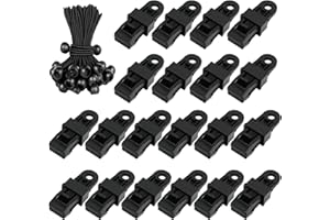 FINEASY 20 Clips para Lona + 20 Gomas Elásticas con Bola Negros de 20 cm, Clips para Lona de Tienda, Clips para Toldos, Fijación de Lona, Negro