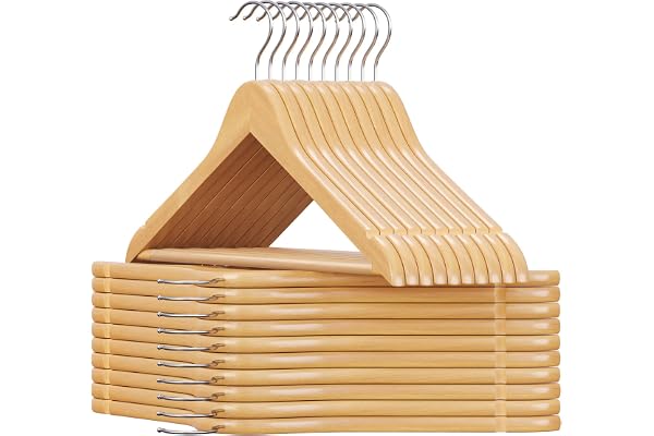 SONGMICS Cintre Bois, Lot de 20, avec Encoches Antiglisse, Barre Antiglisse pour Pantalons, Crochet Pivotant 360°, pour Costumes, Chemises, Manteaux, Couleur Boisée et Argent CRW001-20