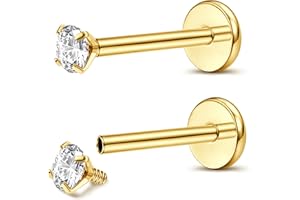 Adramata 2Pcs G23 Titanio Labret Roscado Interno, Piercing Labio Monroe Medusa, CZ Pendiente, Nariz, Helix, Tragus, Oro Plata Oreja