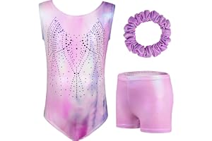 AOOWU Gymnastikset i 3 delar, för flickor, leotards med shorts och band, gradient färg gnistkropp dans gymnastik, Y-hals, lån